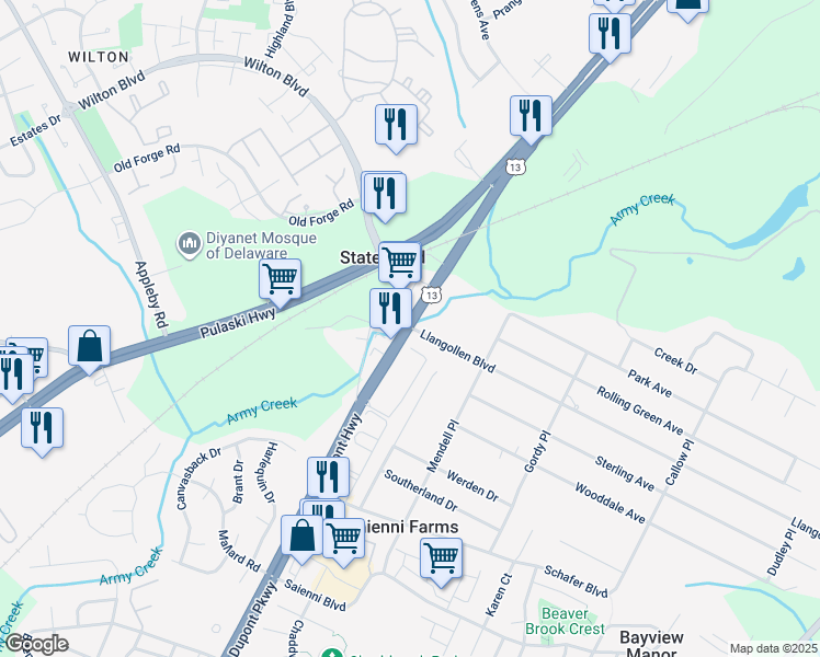 map of restaurants, bars, coffee shops, grocery stores, and more near 400 South Dupont Parkway in New Castle