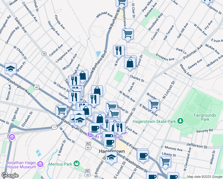 map of restaurants, bars, coffee shops, grocery stores, and more near 131 West North Avenue in Hagerstown