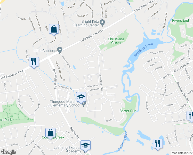 map of restaurants, bars, coffee shops, grocery stores, and more near 606 North Barrett Lane in Newark