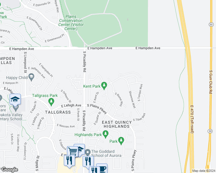 map of restaurants, bars, coffee shops, grocery stores, and more near 3790 South Quemoy Way in Aurora