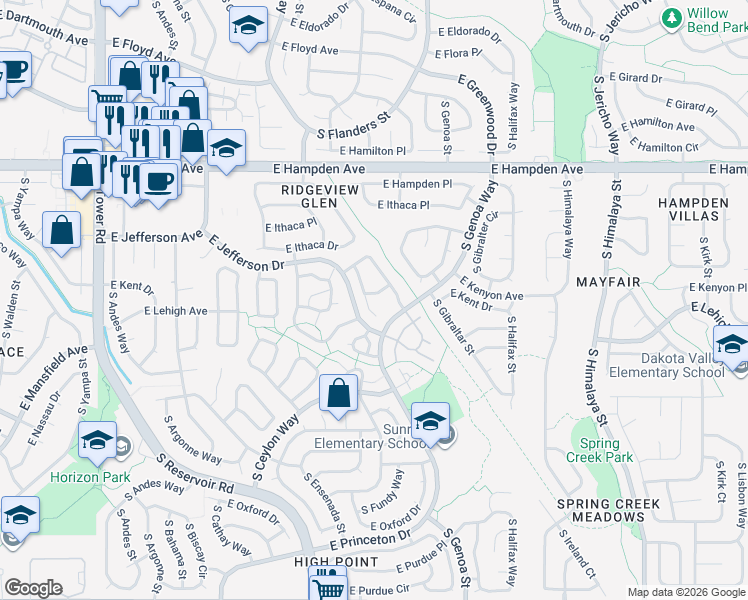 map of restaurants, bars, coffee shops, grocery stores, and more near 3752 South Ensenada Street in Aurora