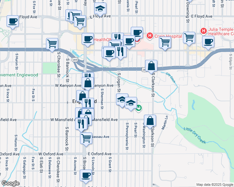 map of restaurants, bars, coffee shops, grocery stores, and more near 3775 South Logan Street in Englewood