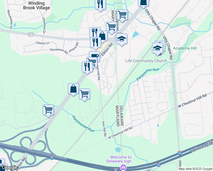 map of restaurants, bars, coffee shops, grocery stores, and more near 3407 Stone Gate Boulevard in Elkton