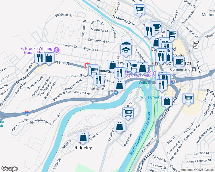 map of restaurants, bars, coffee shops, grocery stores, and more near 306 Beall Street in Cumberland