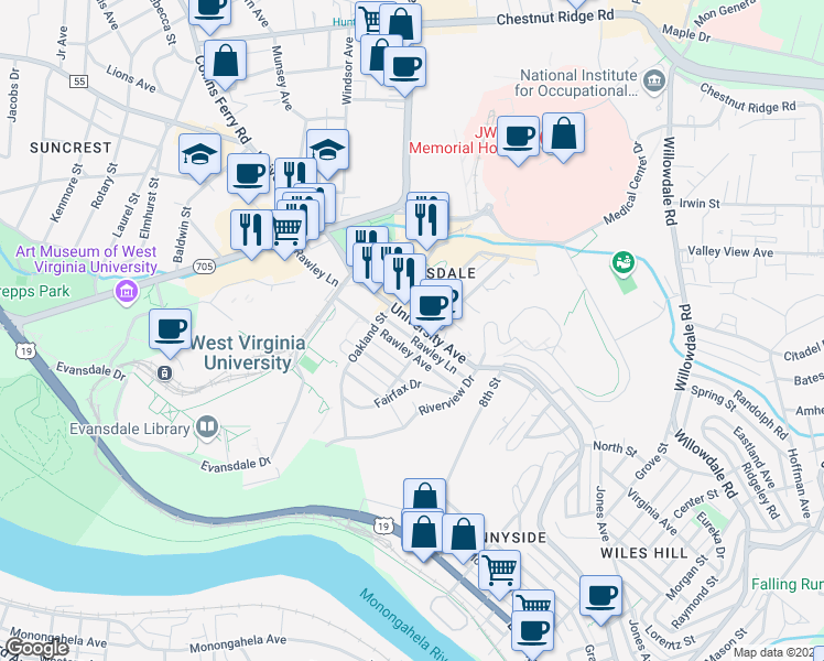 map of restaurants, bars, coffee shops, grocery stores, and more near 900 Rawley Avenue in Morgantown