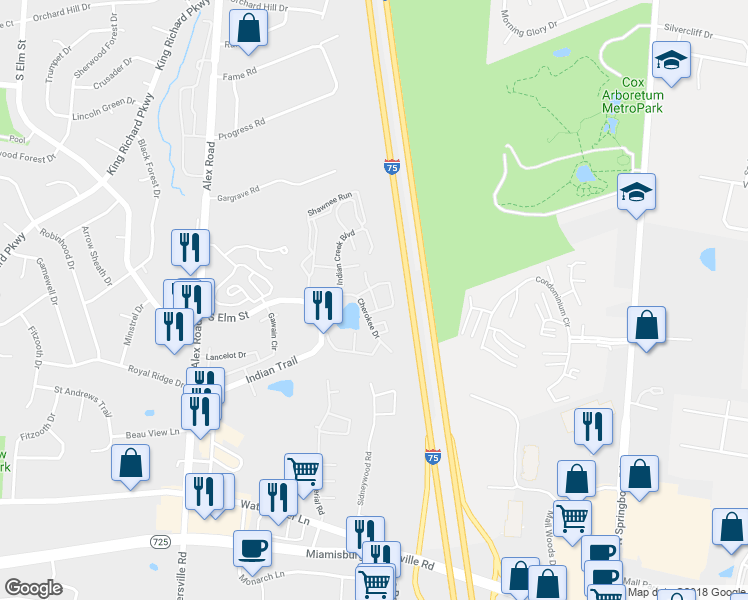 map of restaurants, bars, coffee shops, grocery stores, and more near 1124 Eagle Feather Circle in Dayton