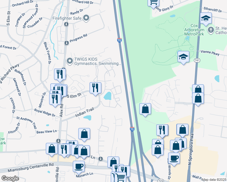map of restaurants, bars, coffee shops, grocery stores, and more near 1124 Eagle Feather Circle in Dayton