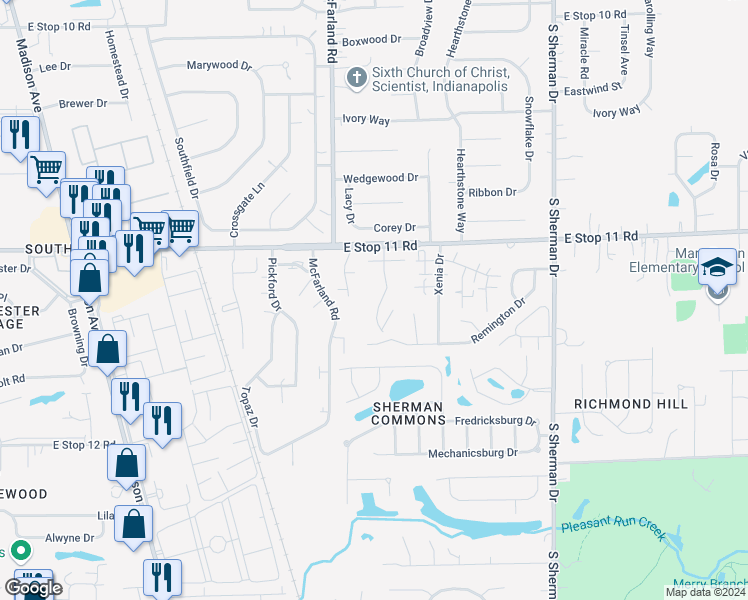 map of restaurants, bars, coffee shops, grocery stores, and more near 8101 Rexmill Drive in Indianapolis