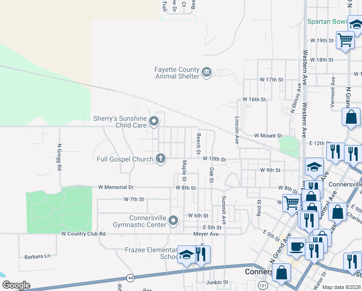 map of restaurants, bars, coffee shops, grocery stores, and more near 1004 Houghton Street in Connersville