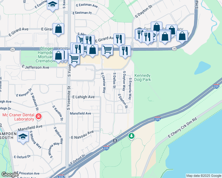map of restaurants, bars, coffee shops, grocery stores, and more near 3645 South Dallas Street in Aurora
