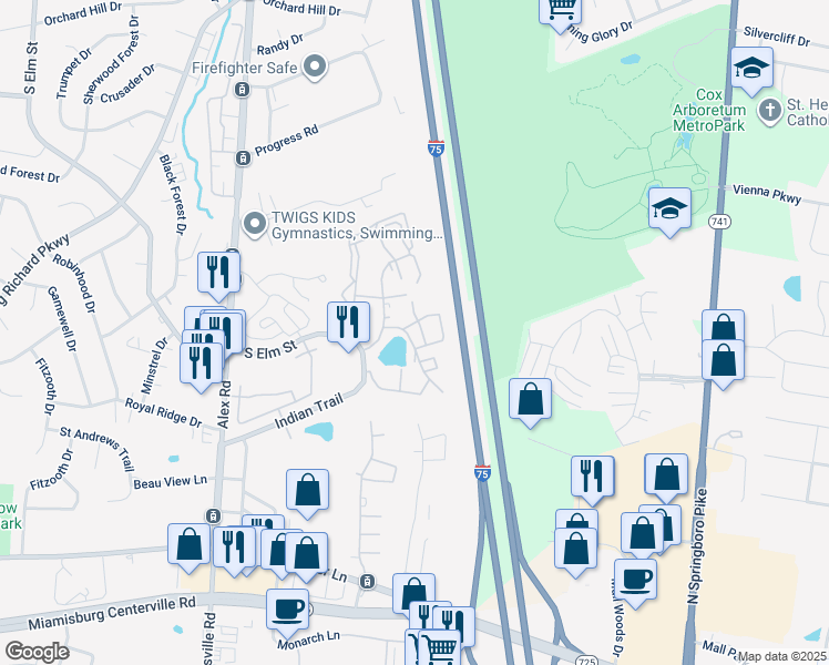 map of restaurants, bars, coffee shops, grocery stores, and more near 1100 Arrowhead Crossing in Dayton
