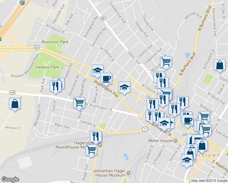 map of restaurants, bars, coffee shops, grocery stores, and more near 800 Washington Avenue in Hagerstown