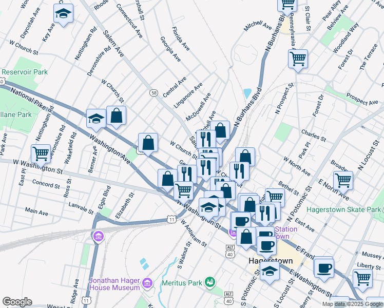 map of restaurants, bars, coffee shops, grocery stores, and more near 201 High Street in Hagerstown