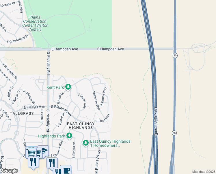 map of restaurants, bars, coffee shops, grocery stores, and more near 3784 South Tibet Way in Aurora