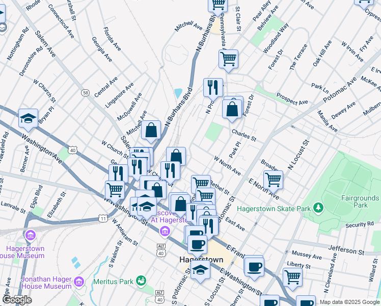 map of restaurants, bars, coffee shops, grocery stores, and more near North Prospect Street in Hagerstown