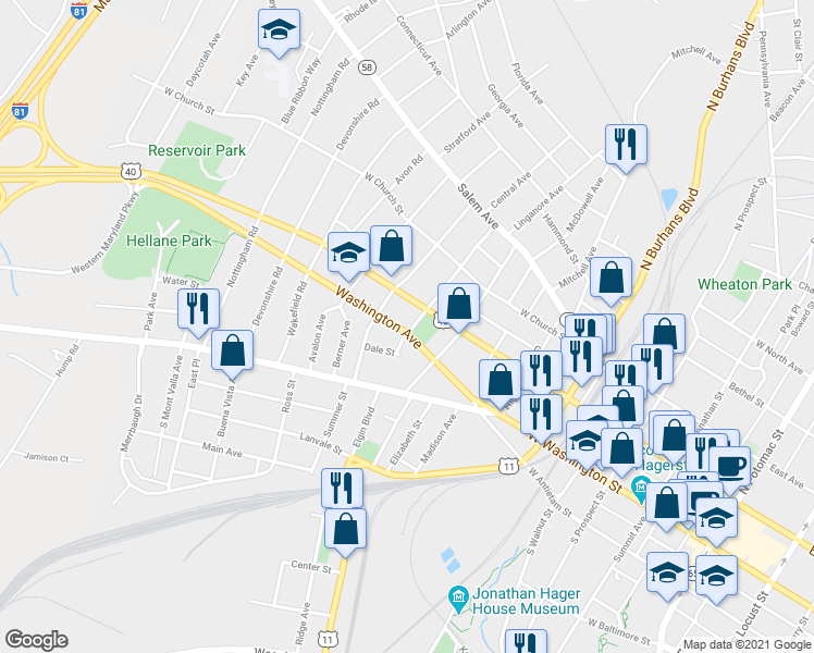 map of restaurants, bars, coffee shops, grocery stores, and more near 802 Washington Avenue in Hagerstown