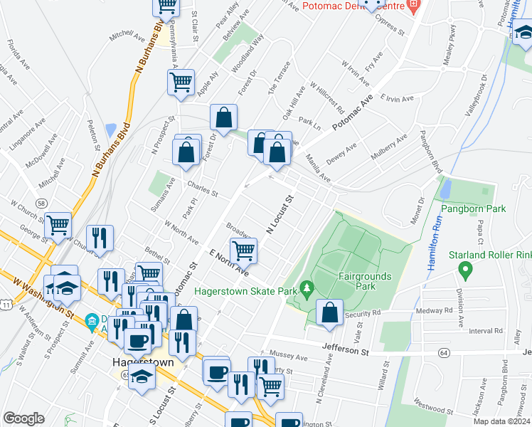 map of restaurants, bars, coffee shops, grocery stores, and more near 55 Wayside Avenue in Hagerstown