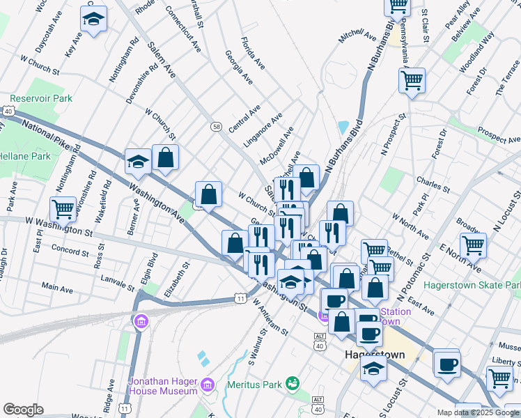 map of restaurants, bars, coffee shops, grocery stores, and more near 513 West Church Street in Hagerstown