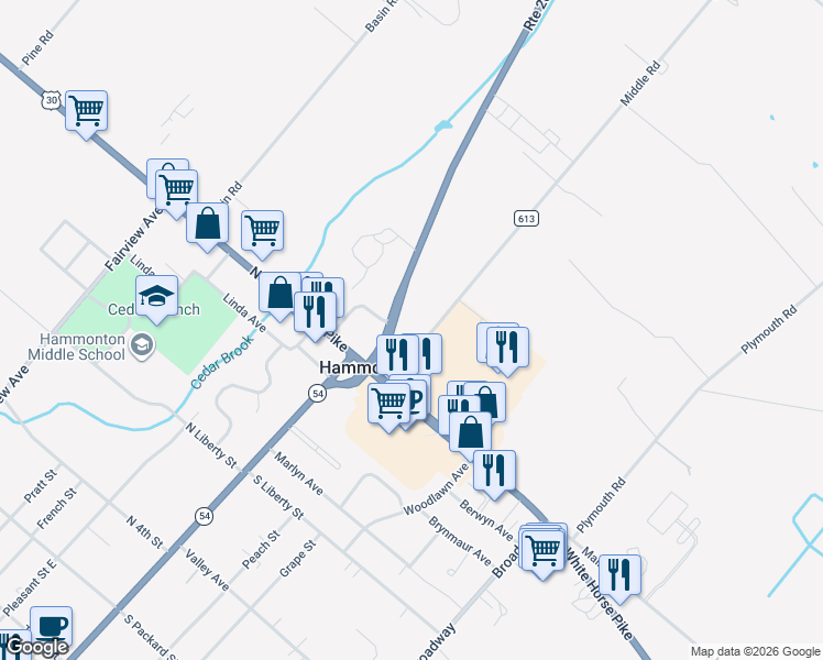 map of restaurants, bars, coffee shops, grocery stores, and more near 17 Middle Road in Hammonton