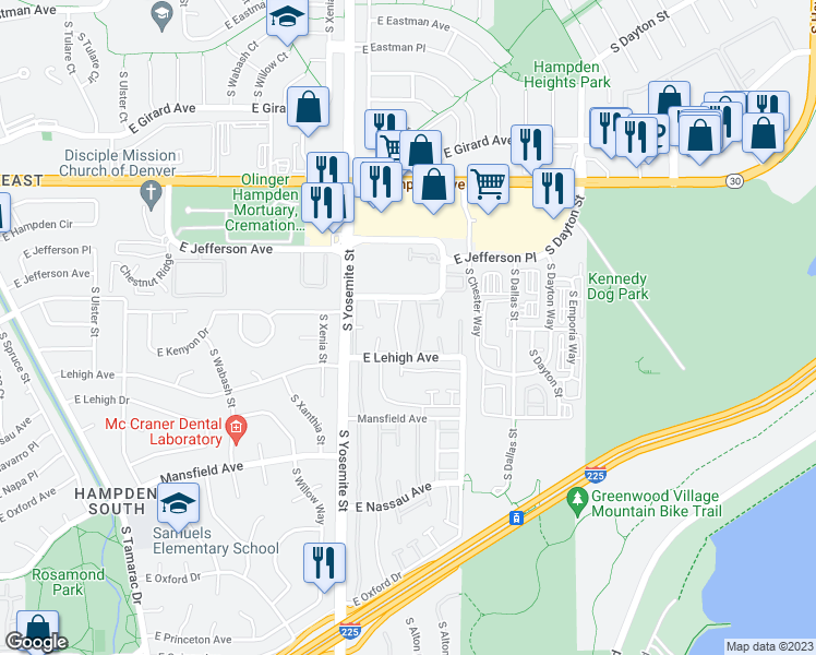 map of restaurants, bars, coffee shops, grocery stores, and more near 9105 Lehigh Avenue in Denver