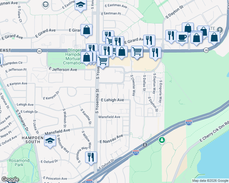 map of restaurants, bars, coffee shops, grocery stores, and more near 9195 Lehigh Avenue in Denver