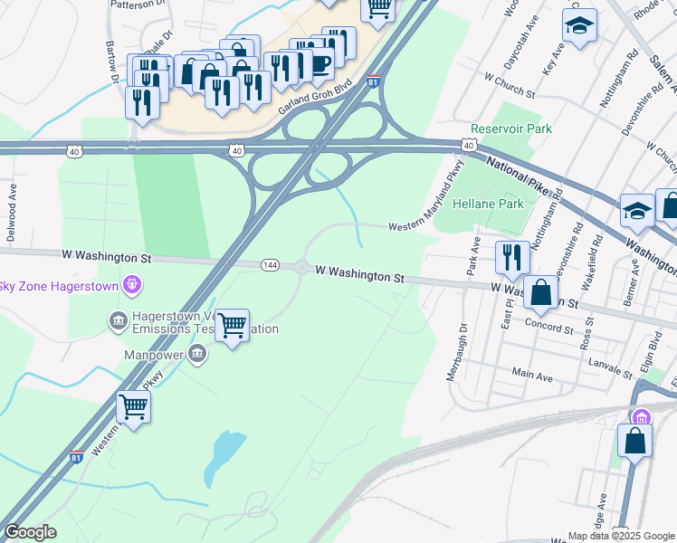 map of restaurants, bars, coffee shops, grocery stores, and more near 1365 West Washington Street in Hagerstown