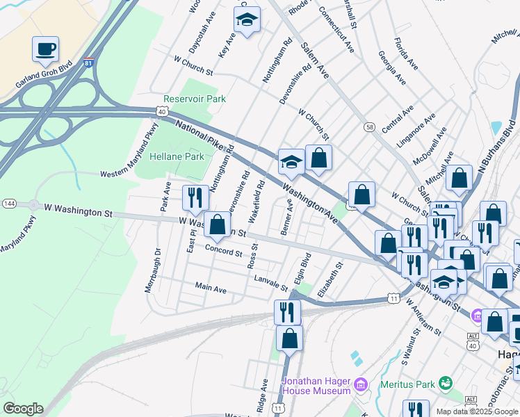 map of restaurants, bars, coffee shops, grocery stores, and more near 26A Wakefield Road in Hagerstown