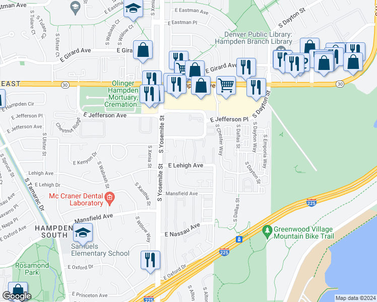 map of restaurants, bars, coffee shops, grocery stores, and more near 9105 Lehigh Avenue in Denver