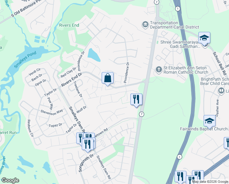 map of restaurants, bars, coffee shops, grocery stores, and more near 423 Sweetman Drive in Bear