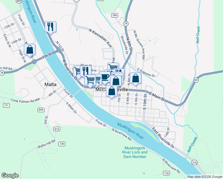 map of restaurants, bars, coffee shops, grocery stores, and more near in McConnelsville