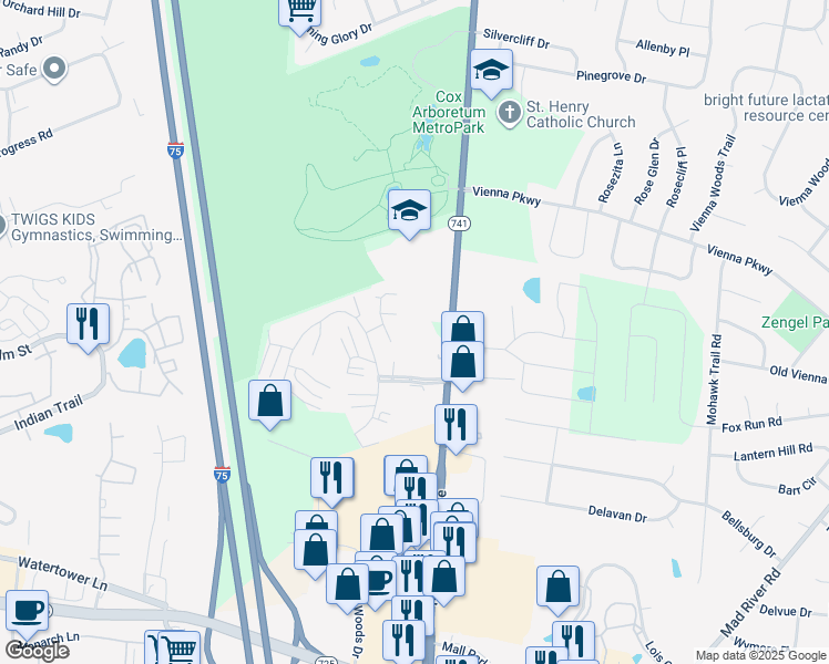 map of restaurants, bars, coffee shops, grocery stores, and more near in Dayton