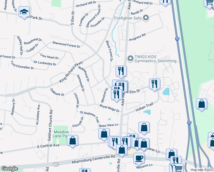 map of restaurants, bars, coffee shops, grocery stores, and more near 702 Green Feather Court in West Carrollton
