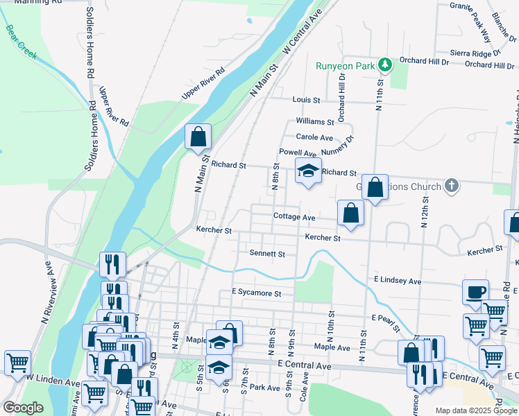 map of restaurants, bars, coffee shops, grocery stores, and more near 726 Cottage Avenue in Miamisburg