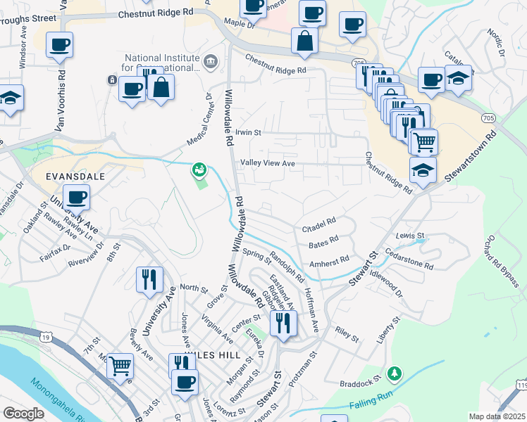 map of restaurants, bars, coffee shops, grocery stores, and more near 294 Richland Avenue in Morgantown