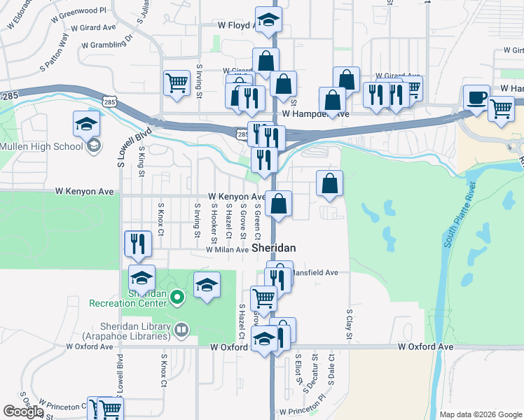 map of restaurants, bars, coffee shops, grocery stores, and more near 3751 South Federal Boulevard in Englewood