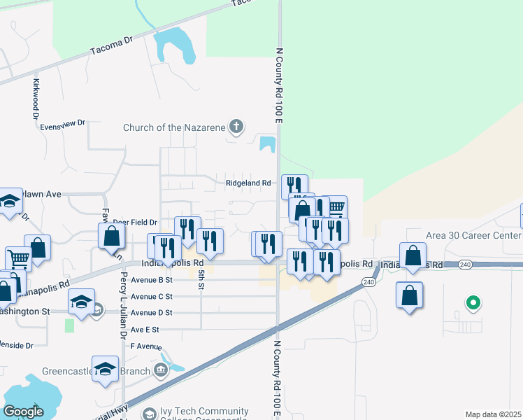 map of restaurants, bars, coffee shops, grocery stores, and more near 98 10th Street in Greencastle