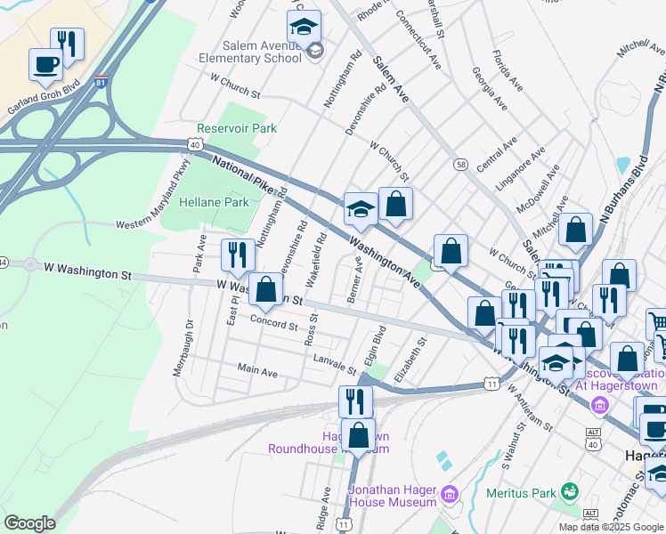 map of restaurants, bars, coffee shops, grocery stores, and more near 41 Avalon Avenue in Hagerstown