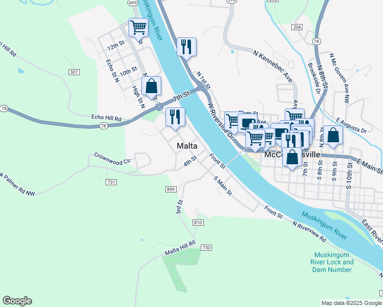 map of restaurants, bars, coffee shops, grocery stores, and more near 15 5th Street in Malta