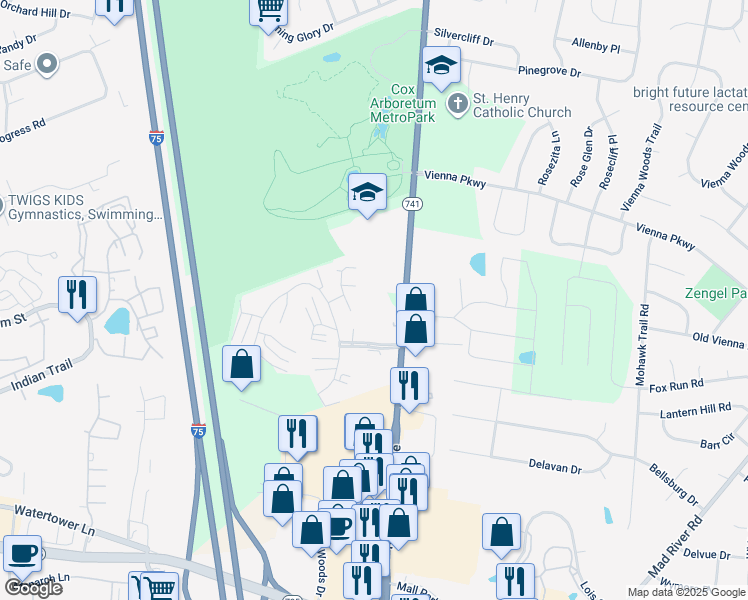 map of restaurants, bars, coffee shops, grocery stores, and more near 7123 North Springboro Pike in Dayton