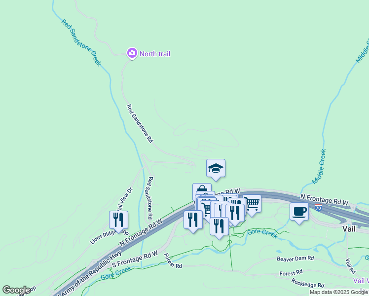map of restaurants, bars, coffee shops, grocery stores, and more near 765 Potato Patch Dr in Vail