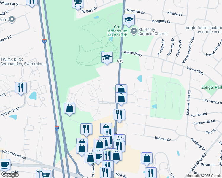 map of restaurants, bars, coffee shops, grocery stores, and more near 7031 North Springboro Pike in Dayton