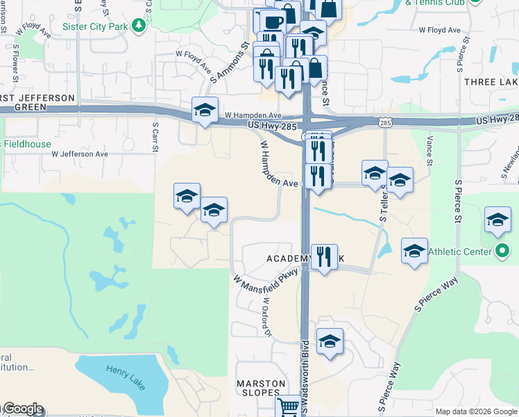 map of restaurants, bars, coffee shops, grocery stores, and more near 7842 West Mansfield Parkway in Lakewood