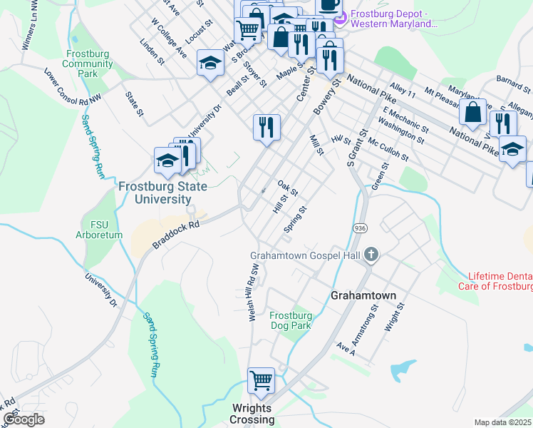 map of restaurants, bars, coffee shops, grocery stores, and more near 154 Bowery Street in Frostburg