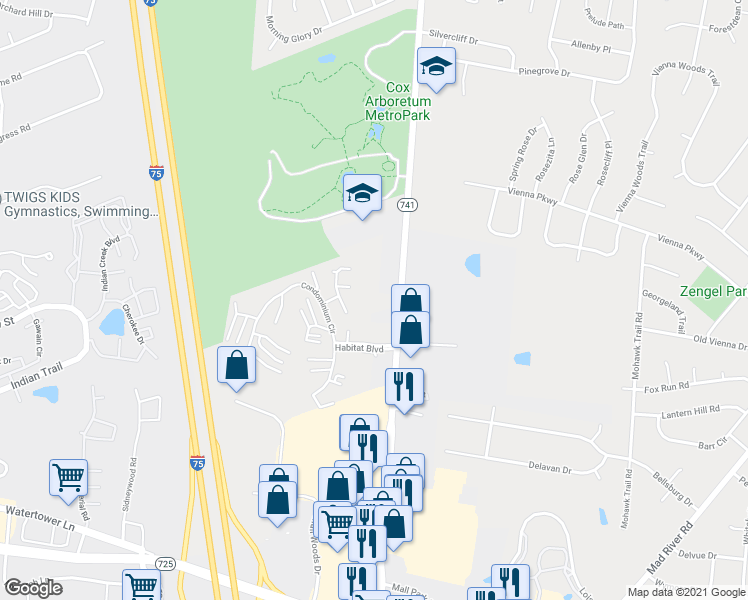 map of restaurants, bars, coffee shops, grocery stores, and more near 7031 North Springboro Pike in Dayton