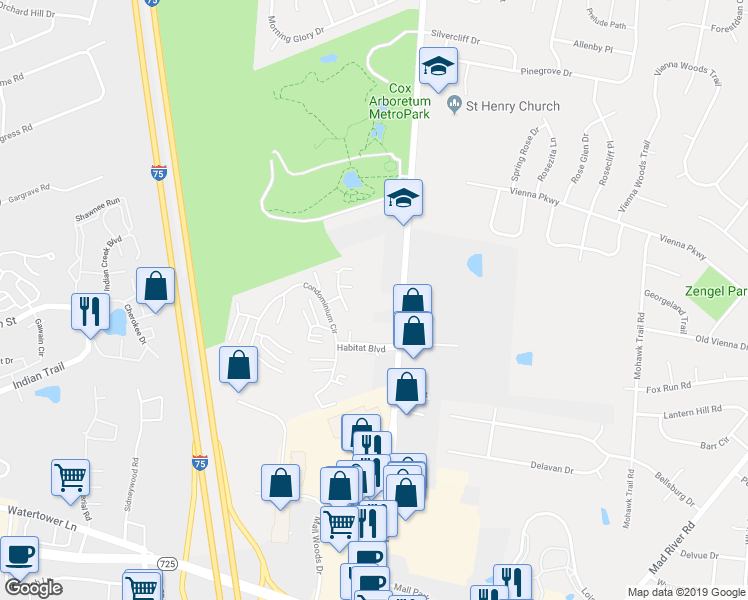 map of restaurants, bars, coffee shops, grocery stores, and more near 7031 North Springboro Pike in Dayton