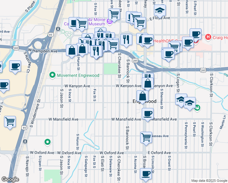 map of restaurants, bars, coffee shops, grocery stores, and more near 3655 South Delaware Street in Englewood