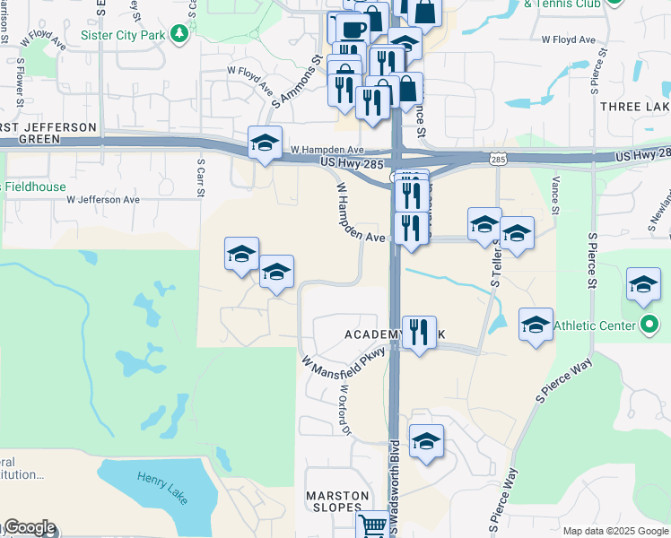 map of restaurants, bars, coffee shops, grocery stores, and more near 7842 West Mansfield Parkway in Lakewood