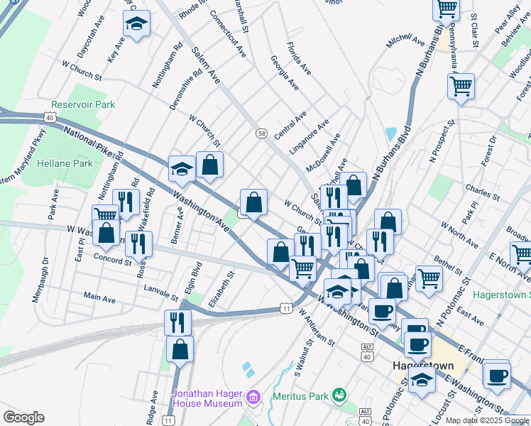 map of restaurants, bars, coffee shops, grocery stores, and more near 633 George Street in Hagerstown