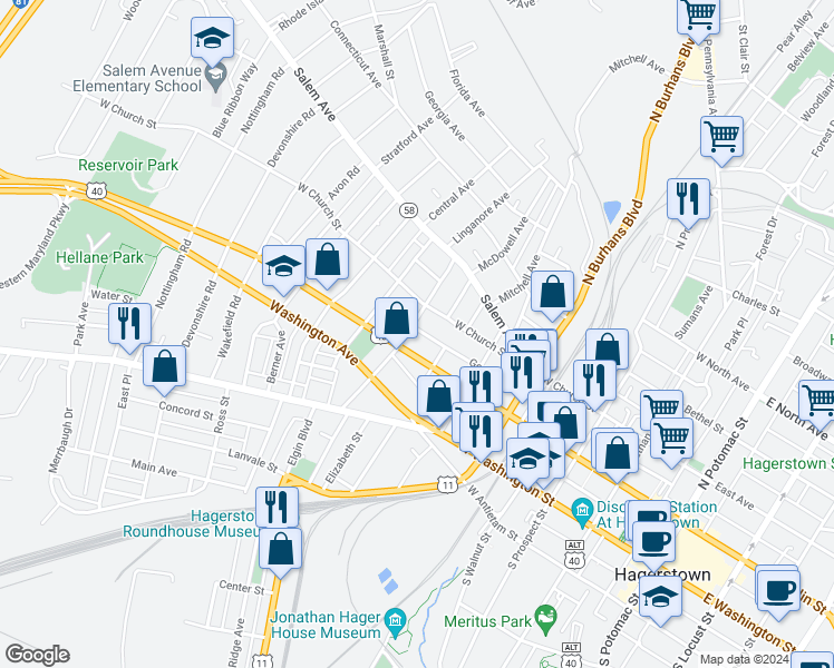 map of restaurants, bars, coffee shops, grocery stores, and more near 633 George Street in Hagerstown