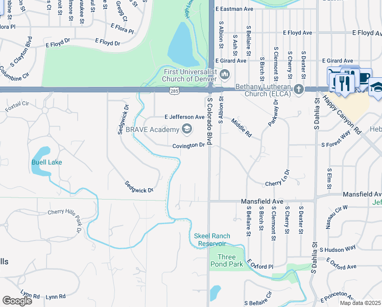 map of restaurants, bars, coffee shops, grocery stores, and more near 5 Covington Drive in Englewood